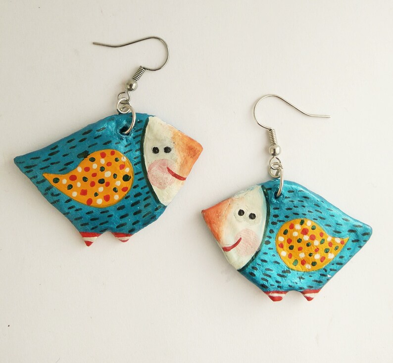 Blue Birds, Hand painted Paper Mache Earrings from Recycled Paper, Upcycled gift for her image 1