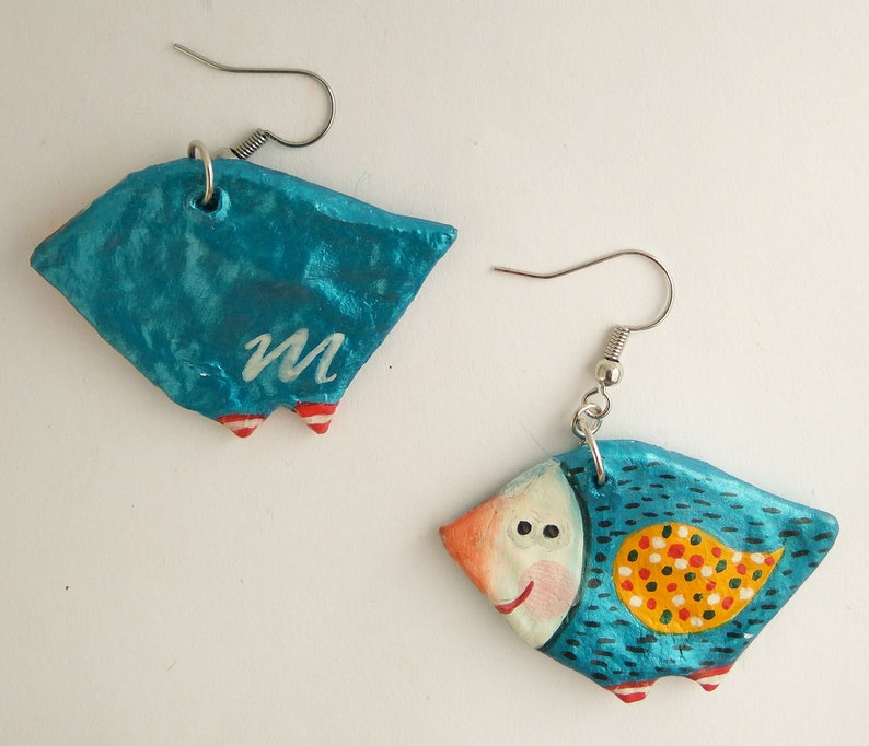 Blue Birds, Hand painted Paper Mache Earrings from Recycled Paper, Upcycled gift for her image 2