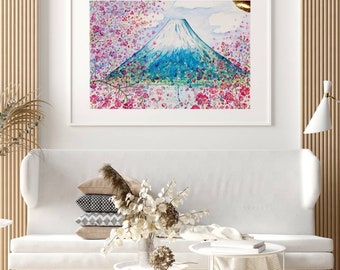 Berg Landschaft Original Aquarell Gemälde, Japanischer Frühling Kunstwerk für Badezimmer, Wohnzimmer, Japandi Serene Mount Fuji