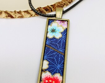 Japanischer Kimono-Schmuck, moderner Unisex-Schmuck, lange geometrische Halskette, japanischer blauer Kimono-Anhänger, Geschenk für Freundin, Geschenk für Frauen