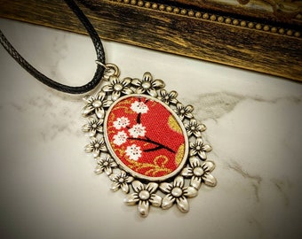Sakura Kimono Necklace: Red Japanese Floral Oval Frame Jewelry