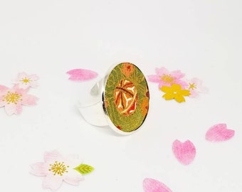 Großer Statement Ring, japanischer Muster Ring, Origami Muster Ring, Kimono modernes Accessoire, moderner geometrischer runder Ring, Olivfarbe Ring