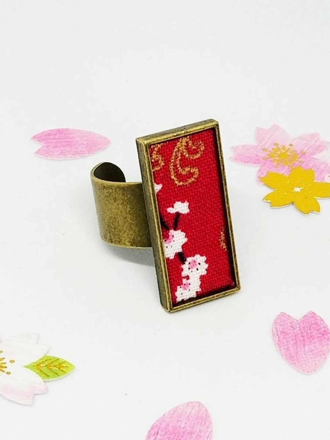 Square Japanese Rings Kimono Ring, Japanese Pattern Statement Ring, Adjustable Copper Jewelry ...