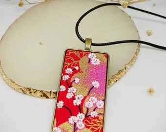 Japanischer Kimono Schmuck, Big Bold Halskette, lange geometrische Halskette, japanischer Sakura Kimono Anhänger, Geschenk für Freund,