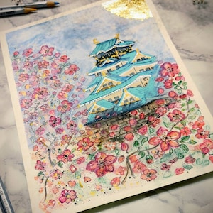 Japanese water colour Art, Modern day Japanese painting, Original Art work, Japanese Gifts, Water color Art of Osaka Palace