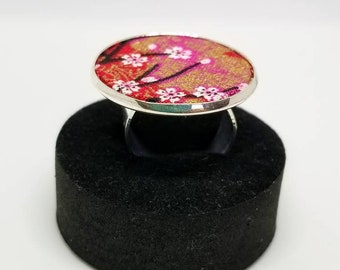 Red Japanese sakura fabric ring, Big Bold Japanese Ring, Big Statement round ring, Sakura ring, Fabric jewelry, gift for friend, colleagues