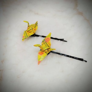 Japanische Origami-Haarnadeln, Set mit zwei Origami-Haarnadeln, Kranichen Haarnadeln, gelbe Sommerhaarnadeln, japanische Sommerfrisur