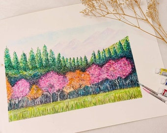 Aquarell Waldkunst, moderne japanische Malerei, Originalkunstwerk, Aquarell japanische Wandkunst, 3-Farben-Kunst, Geschenk für Freund