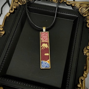 Japanese kimono jewelry, modern unisex jewelry, long geometric necklace, japanese mount fuji pendent, gift for friend, gift for husband