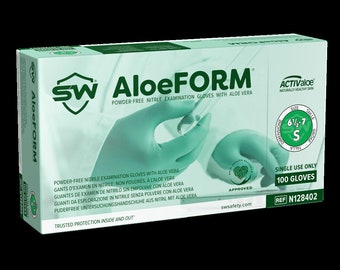 AloeForm® Nitrile ACTIValoe® Aloe Coated Powder-Free Exam Gloves, Non-Sterile, Non-Latex | Convenient Dispenser Pack of 100 Gloves.