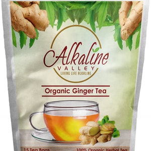 Organic Ginger Tea - 100% Alkaline - 15 Unbleached/Chemical-Free Ginger Tea Bags - Caffeine-Free, No GMO