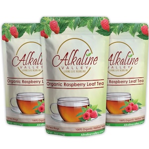 May include: Three pouches of organic raspberry leaf tea from Alkaline Valley. Each pouch contains 15 tea bags and weighs 7 oz (198 g). The pouches are white with a green background and feature a picture of a cup of tea and raspberries.