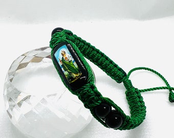 San Judas Tadeo pulsera doble tejido color Verde Hecha a mano