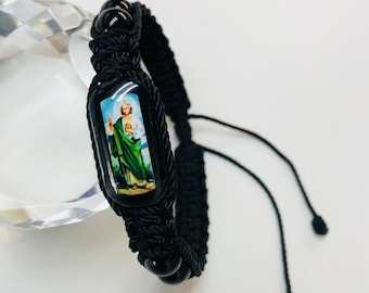 San Judas Tadeo pulsera doble tejido color Negro Hecha a mano