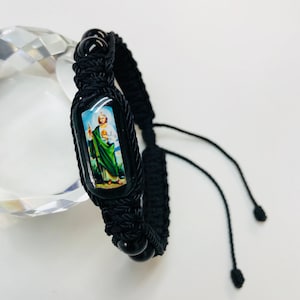 San Judas Tadeo pulsera doble tejido color Negro Hecha a mano