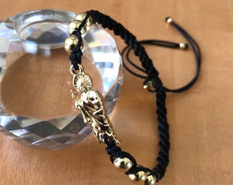 Saint Judas Torsal Woven Black Bracelet with Plated Gold Beads