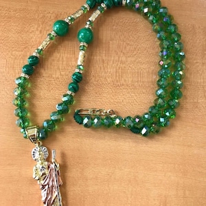 San Judas Tadeo Collar de Cristal Hecho a mano con bolas Malachite y Jade