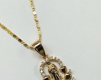 Virgen de Guadalupe Crystals and Gold Plated Chain Necklace
