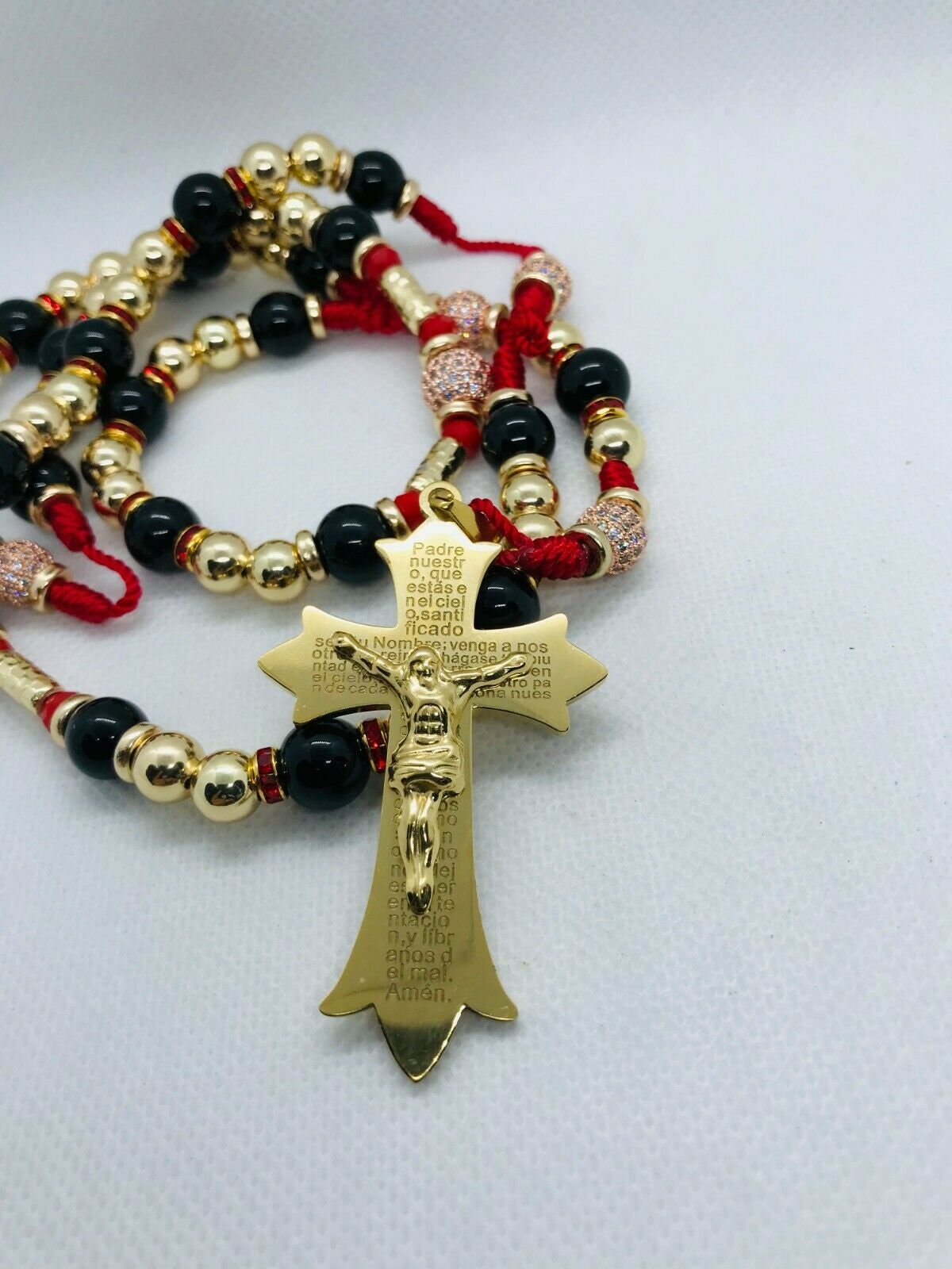 Our Father Cross With Black Onyx and Plated Gold Rosary// | Etsy