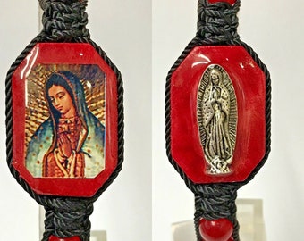 Virgen de Guadalupe double woven red coral beads bracelet