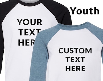 Custom Your Own Text, Logo, Personalized Kids T-shirt, BELLA + CANVAS - Youth Three-Quarter Sleeve Baseball Tee - 3200Y
