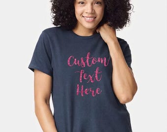 Custom Glitter Text Women's Cotton T-Shirt: Personalized Logo, Photo, classic fit Tee