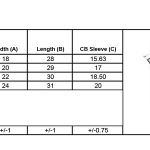 May include: A white t-shirt diagram with size specifications in inches. The chart lists measurements for width, length, and CB sleeve for sizes small, medium, large, and X-large. The diagram also shows the measurement points on the t-shirt.