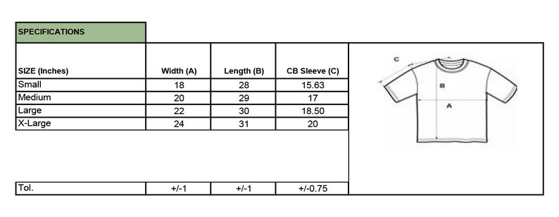 May include: A white t-shirt diagram with size specifications in inches. The chart lists measurements for width, length, and CB sleeve for sizes small, medium, large, and X-large. The diagram also shows the measurement points on the t-shirt.