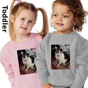 May include: Two toddlers wearing sweatshirts with a black and white cat image printed on the front. The sweatshirt on the left is pink and the sweatshirt on the right is gray.