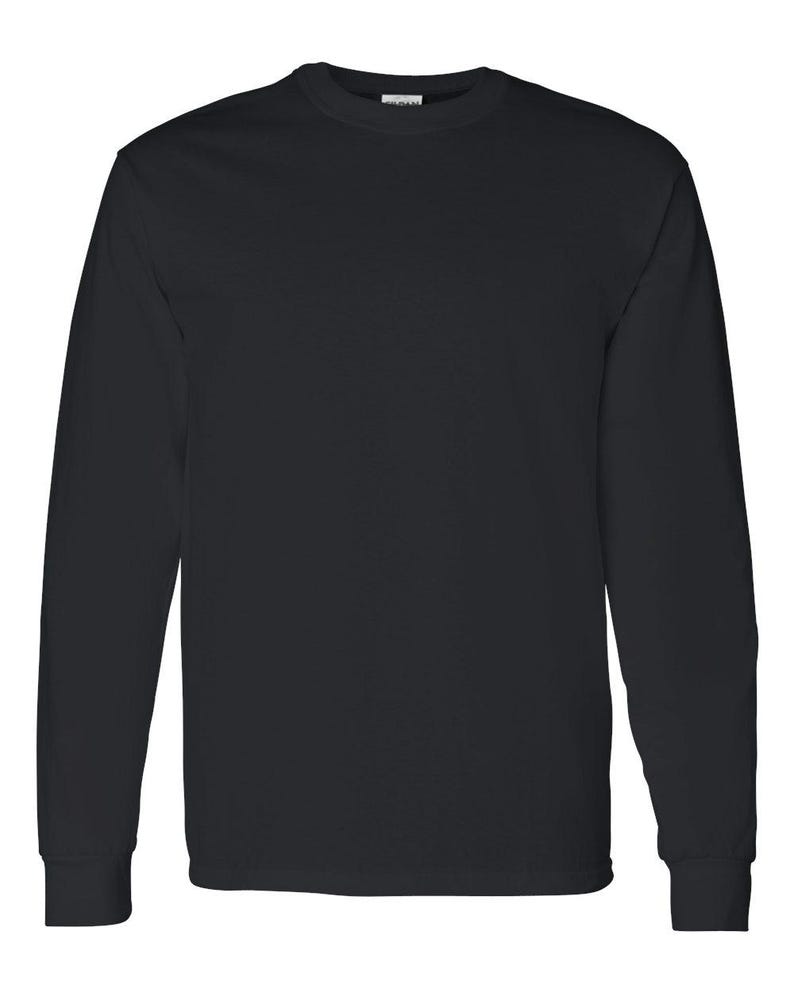 May include: A solid black long-sleeve t-shirt featuring a classic crew neckline and straight-cut sleeves with ribbed cuffs. The garment is constructed from a plain, opaque fabric and displays a simple, unadorned design throughout the front.