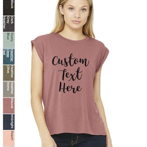 Add your own GLITTER Text, Logo, Design, Personalized Custom Loose Fit Tank Top, BELLA + CANVAS Women’s Flowy Rolled Cuffs Muscle Tee - 8804