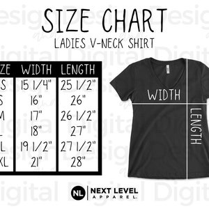 May include: A black V-neck shirt displayed next to a size chart table. The chart lists sizes XS through 2XL with corresponding width and length measurements in inches. The shirt features white lines indicating where width and length are measured.