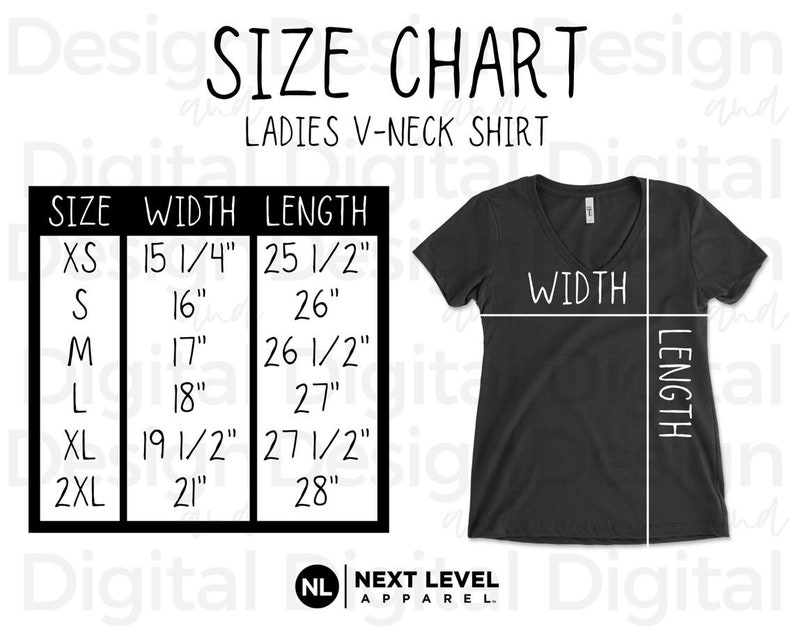 May include: A black V-neck shirt displayed next to a size chart table. The chart lists sizes XS through 2XL with corresponding width and length measurements in inches. The shirt features white lines indicating where width and length are measured.