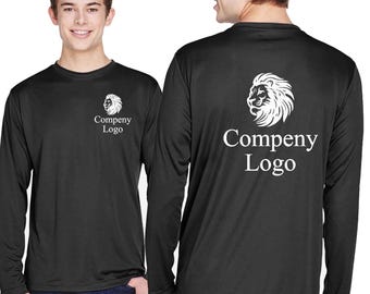 May include: A black long-sleeve shirt featuring a white lion head graphic and the text "Compeny Logo" printed on the left chest and a larger version of the same lion graphic and text centered on the back of the garment.