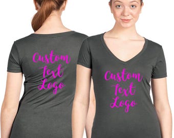 Custom Glitter Text V-Neck Slim Fit Women T-Shirt: Personalized Logo Photo Fitted Tee