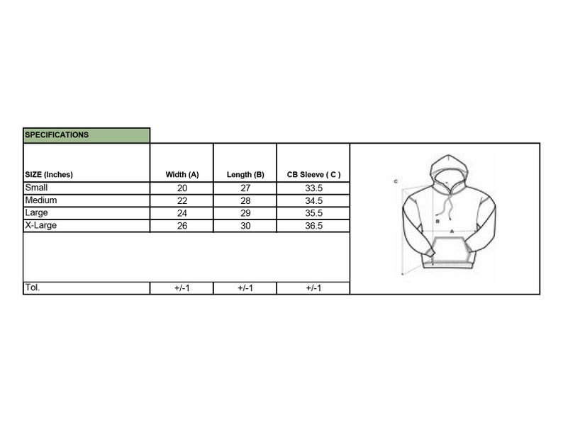 May include: A size chart for a hoodie featuring a line drawing of the garment with labels A, B, and C. The table lists sizes Small through X-Large with measurements in inches for width, length, and CB sleeve, including a tolerance of +/- 1 inch.