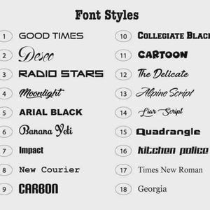 May include: A list of eighteen numbered font styles titled Font Styles. The list includes Good Times, Deseo, Radio Stars, Moonlight, Arial Black, Banana Yeti, Impact, New Courier, Carbon, Collegiate Black, Cartoon, The Delicate, Alpine Script, Liar Script, Quadrangle, Kitchen Police, Times New Roman, and Georgia.