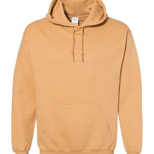 May include: A solid tan hooded sweatshirt featuring a front kangaroo pocket, long sleeves with ribbed cuffs, and a matching drawstring at the neck. The garment includes a small white brand label located inside the collar area at the neckline.