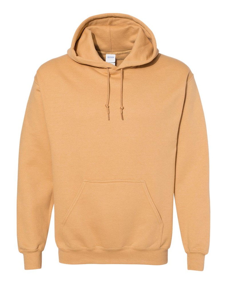 May include: A solid tan hooded sweatshirt featuring a front kangaroo pocket, long sleeves with ribbed cuffs, and a matching drawstring at the neck. The garment includes a small white brand label located inside the collar area at the neckline.