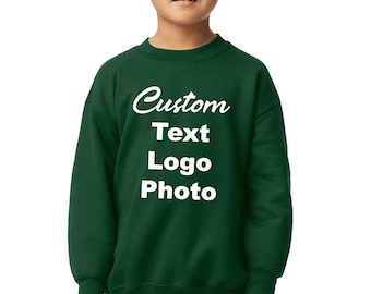 May include: A dark green long-sleeve crewneck sweatshirt featuring white text printed on the chest that reads Custom Text Logo Photo. The garment has a ribbed neckline, cuffs, and hem, providing a standard fit for casual wear.