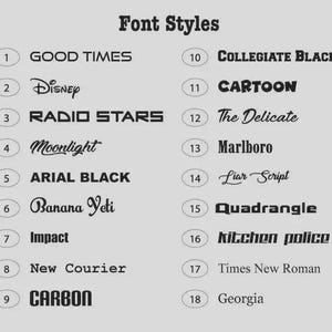 May include: A list of eighteen numbered font styles displayed in black text on a light gray background. The list includes various typefaces such as Good Times, Disney, Radio Stars, Moonlight, Arial Black, Banana Yeti, Impact, New Courier, Carbon, Collegiate Black, Cartoon, The Delicate, Marlboro, Liar Script, Quadrangle, Kitchen Police, Times New Roman, and Georgia.