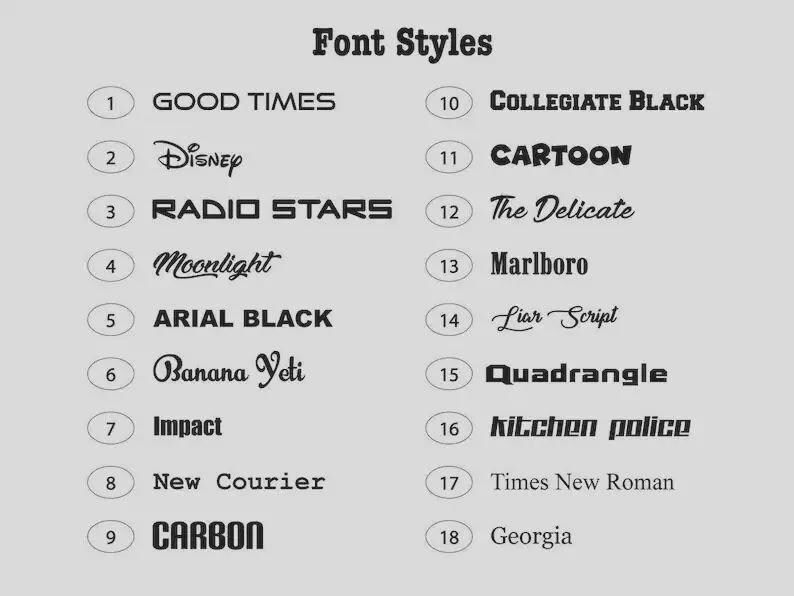 May include: A list of eighteen numbered font styles displayed in black text on a light gray background. The list includes various typefaces such as Good Times, Disney, Radio Stars, Moonlight, Arial Black, Banana Yeti, Impact, New Courier, Carbon, Collegiate Black, Cartoon, The Delicate, Marlboro, Liar Script, Quadrangle, Kitchen Police, Times New Roman, and Georgia.
