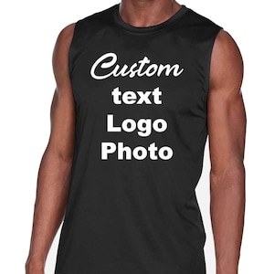 May include: Black sleeveless athletic shirt with the words "Custom text Logo Photo" in white. The shirt is made of a lightweight, breathable material, suitable for workouts or casual wear.