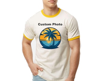 Custom Photo Ringer Tee, Personalized Logo Text T-Shirt - Unisex