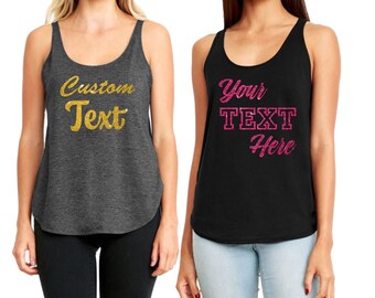 Custom Glitter Text Tank Top: Personalized Logo Photo Scoop Neck Workout Sleeveless Shirt