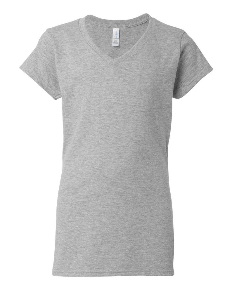 Op de afbeelding: Een grijs gem&ecirc;leerd T-shirt met korte mouwen en een V-hals. Het kledingstuk is gemaakt van een effen stof en heeft een zichtbaar wit merklabel dat aan de binnenkant van de kraag in het midden van de halslijn is vastgenaaid.