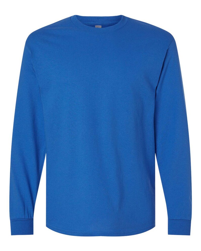 May include: A solid royal blue long-sleeve t-shirt featuring a classic crew neckline and straight-cut sleeves with ribbed cuffs. The garment is constructed from a plain, opaque fabric in a vibrant, uniform blue color throughout the entire piece.