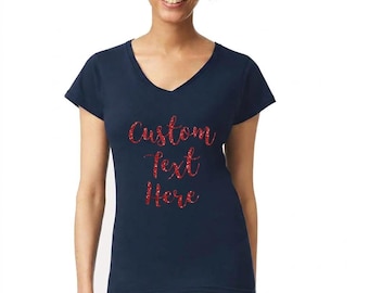 Custom Glitter Text V-Neck Tee: Personalized Logo, Photo, Women's Softstyle Shirt Gildan 64V00L