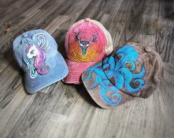 Unique, hand painted, canvas baseball cap, made to order, painted hat, bridal party gift, panda hat, floral hat, personalized