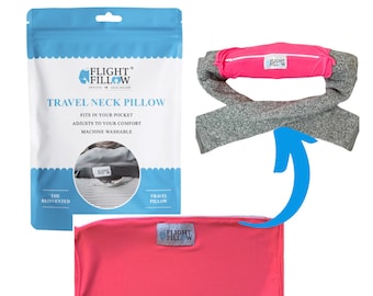 May include: A travel neck pillow in a bright pink color, with a gray sweater-like material. The pillow is shown in three forms: folded, in use, and in its original packaging. The packaging is white and blue and has the text "FLIGHT FILLOW TRAVEL NECK PILLOW".